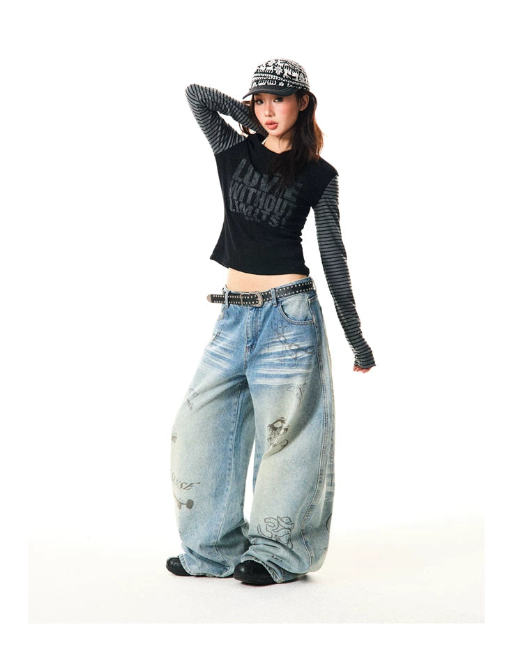 Washed Graffiti Print Wide Leg Denim Jeans