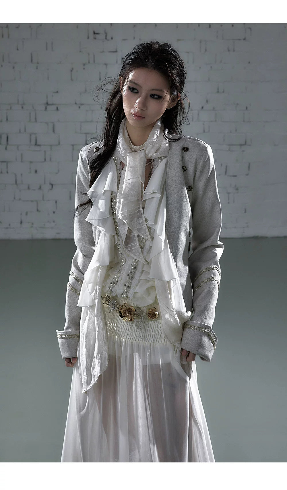 Ruffle Tie-Neck Slim Fit Long Sleeve Shirt