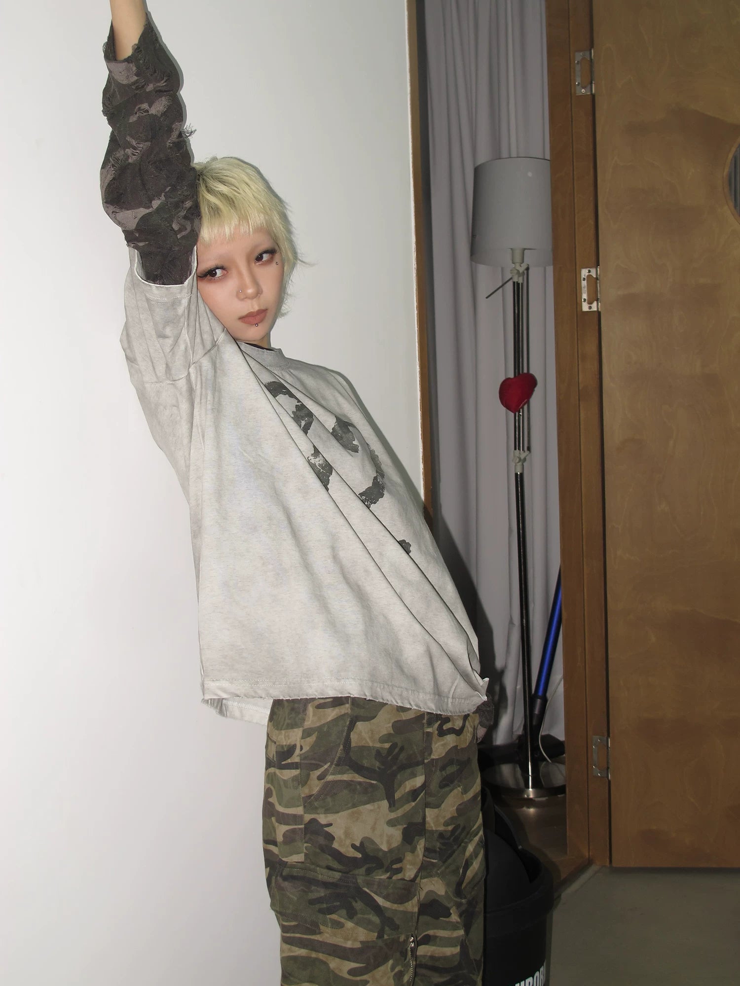 Camouflage Fake Layered Damage Long Sleeve T-Shirt