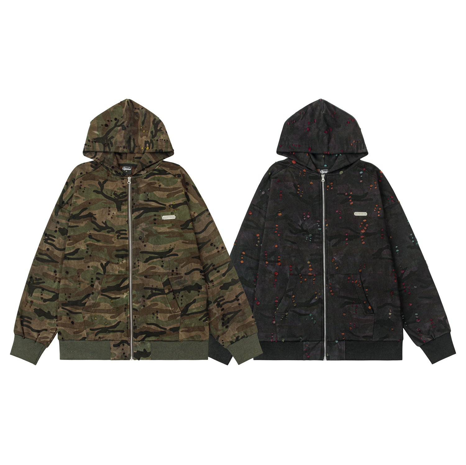 Kapuzenpullover mit Reißverschluss in Camouflage-Optik, gewaschen und beschädigt