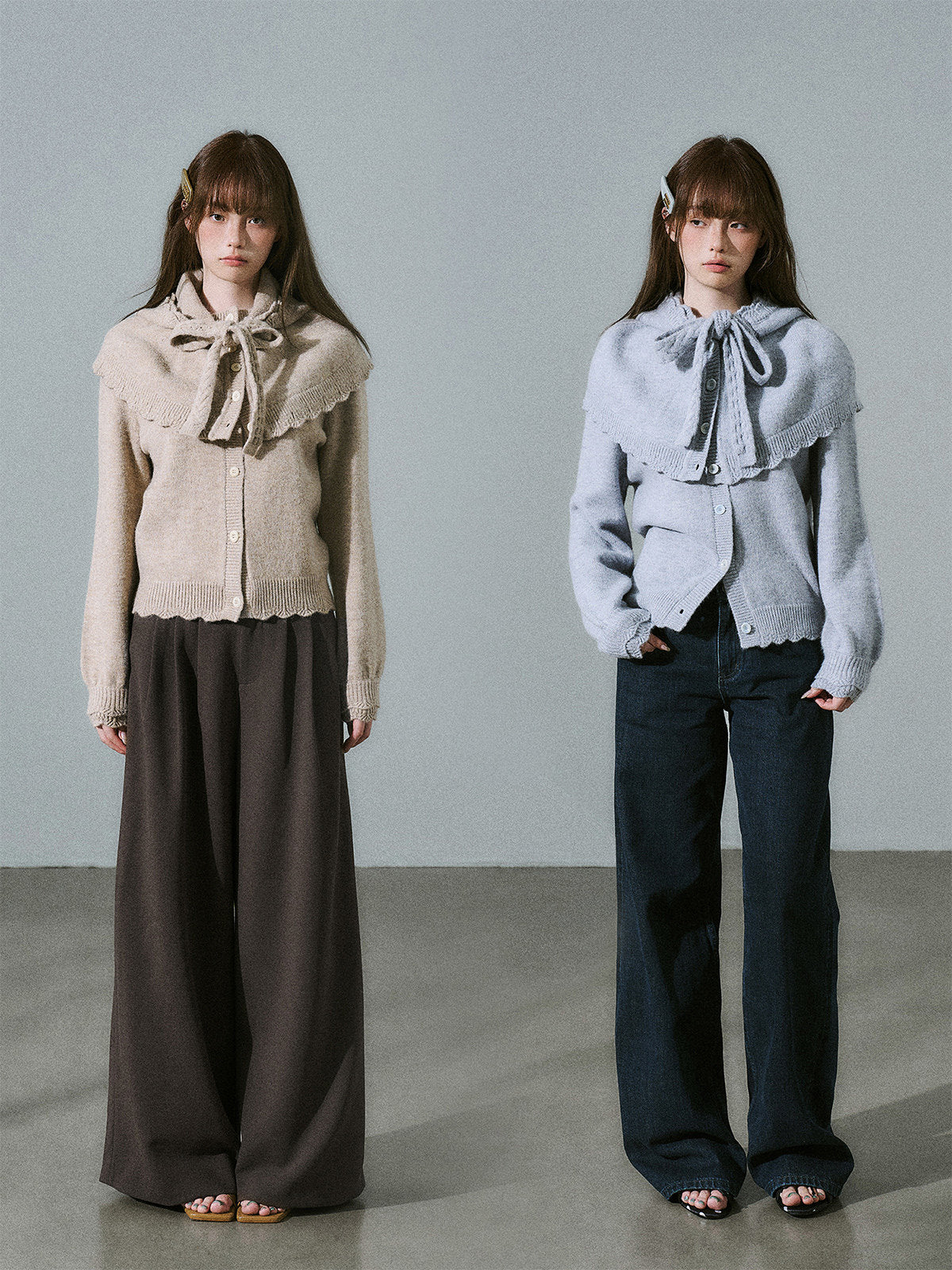 Ruffled Collar And Bow Detail Knit Cardigan