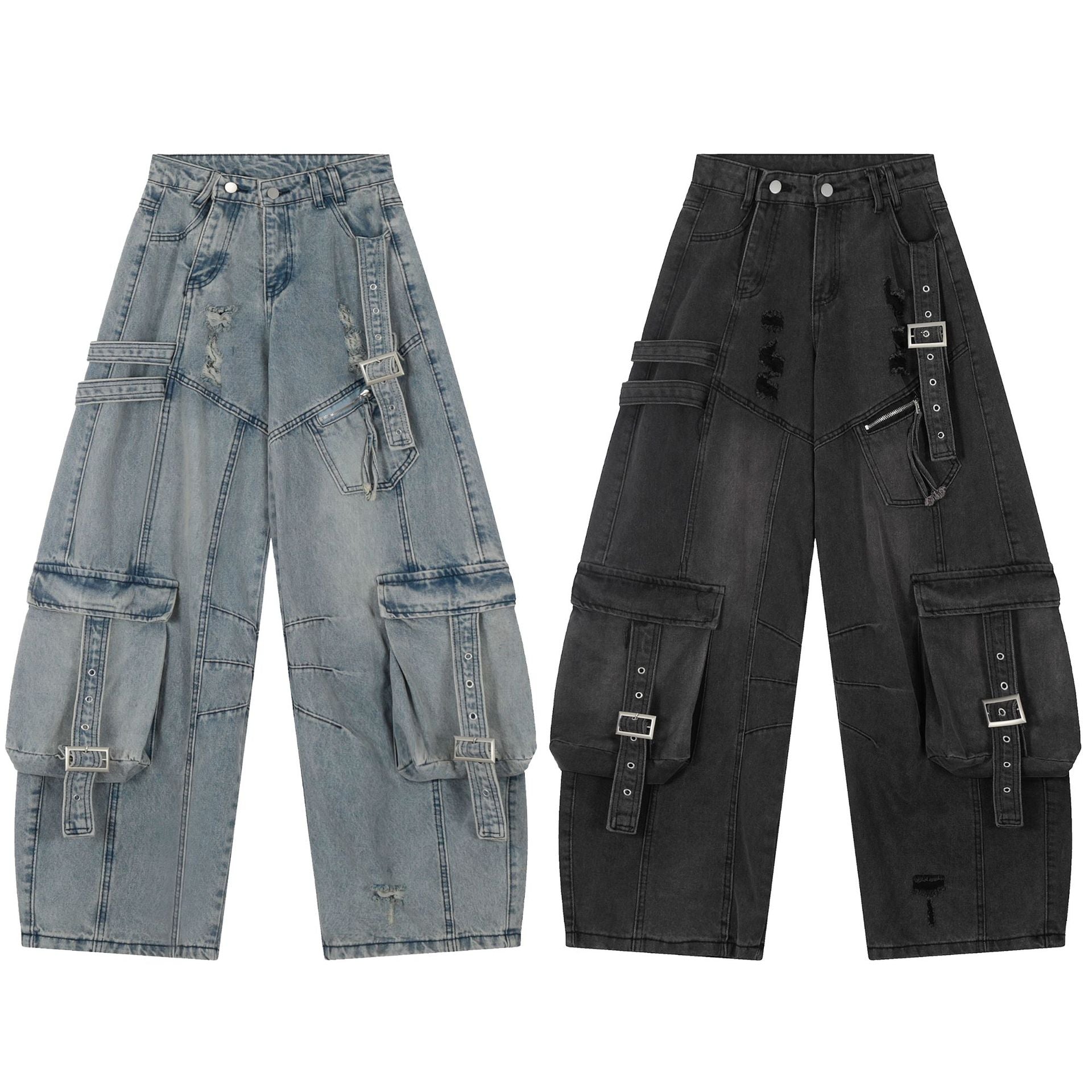 Washed Curved Multi Pocket Wide Leg Cargo Denim Jeans