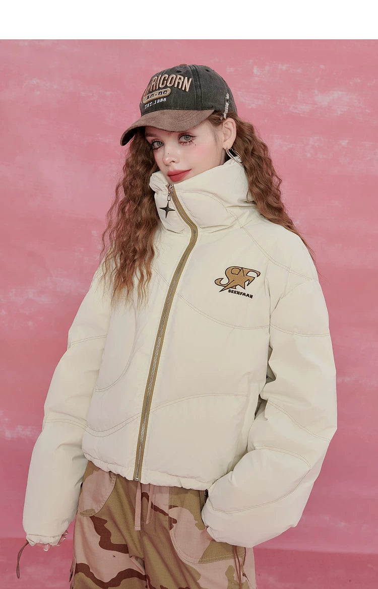 Letter Print High-Neck Short White Duck Down Jacket