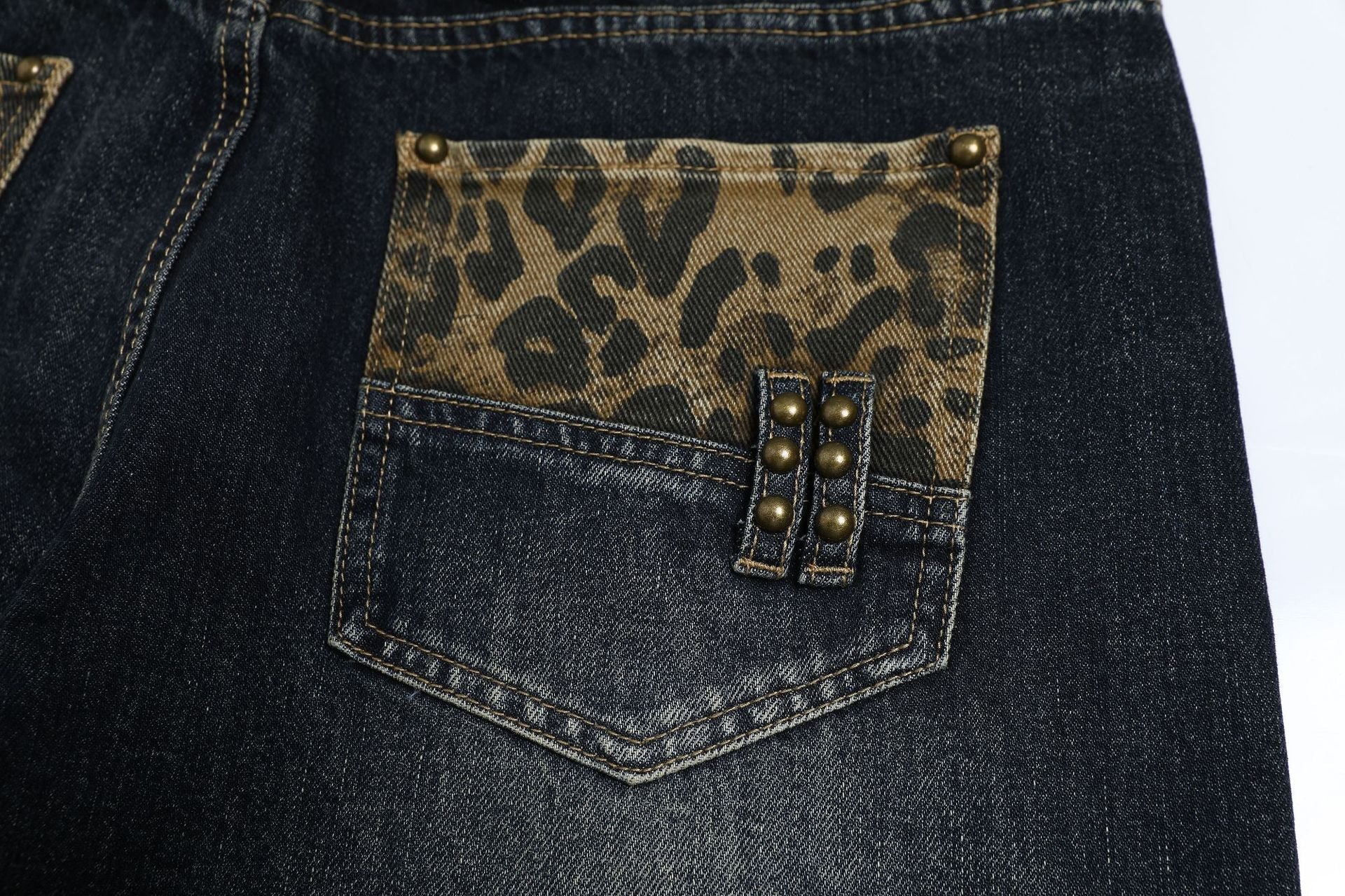 Fake Layered Leopard Print Wide Leg Denim Jeans