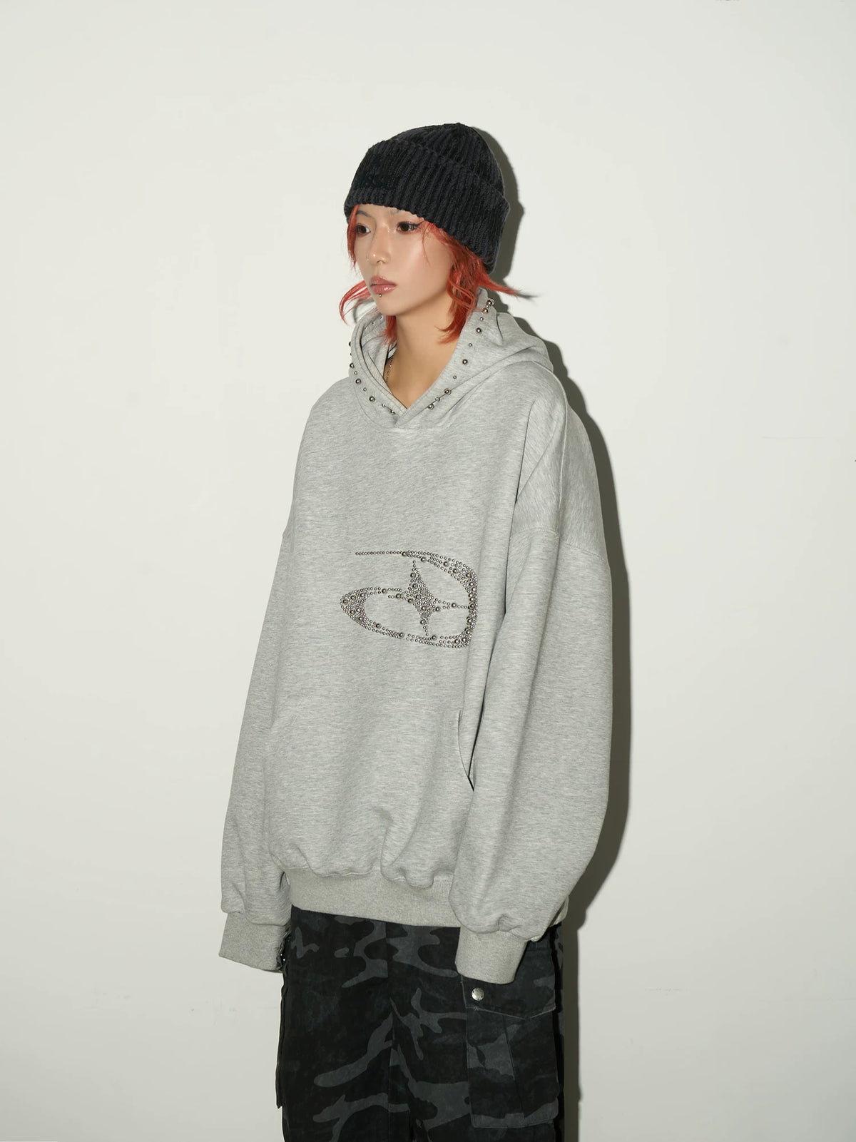 Studded Beaded Design Oversize Pullover Hoodie