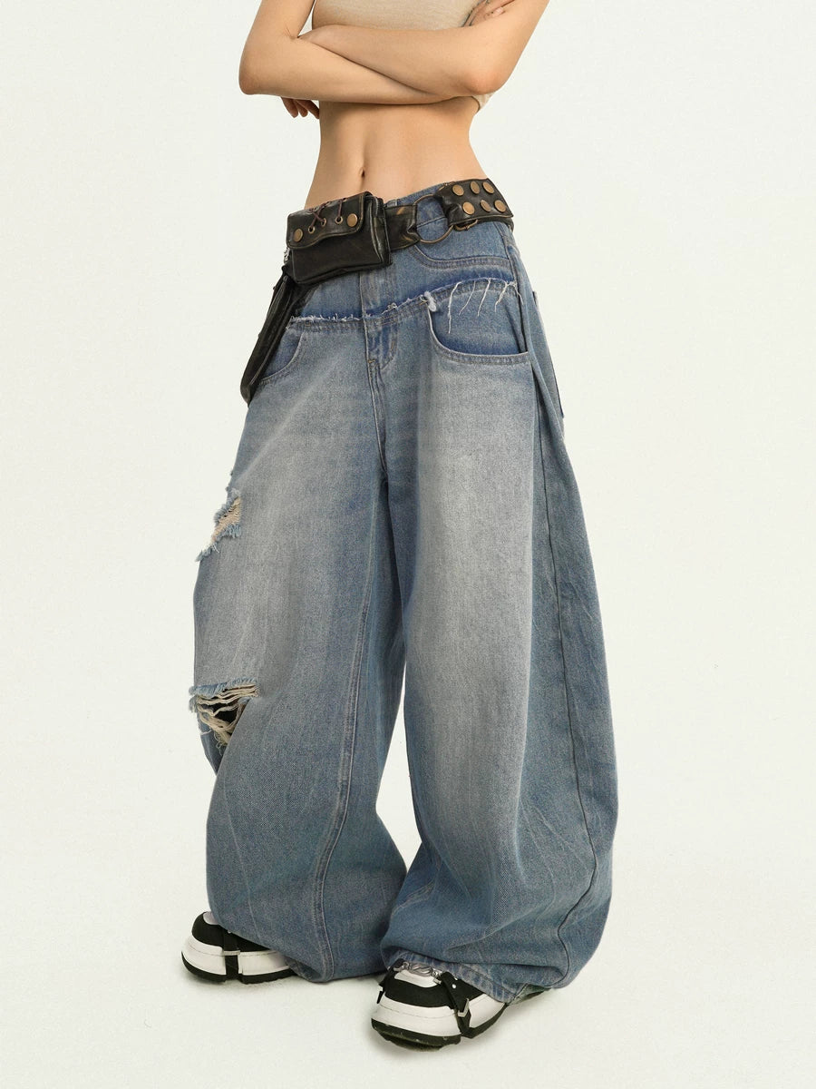 Damage Embroidery Wash Wide Leg Denim Jeans