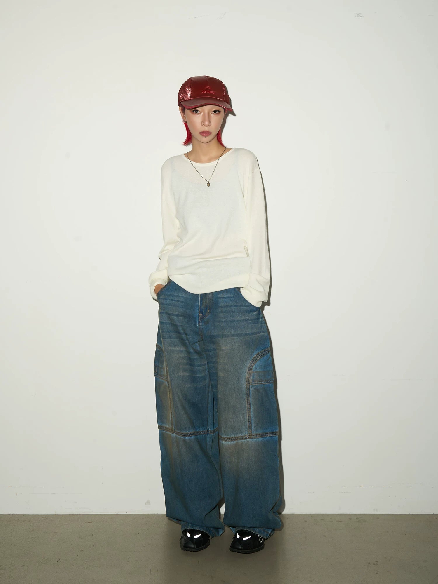 Washed Panel Strap Detail Wide Leg Denim Jeans