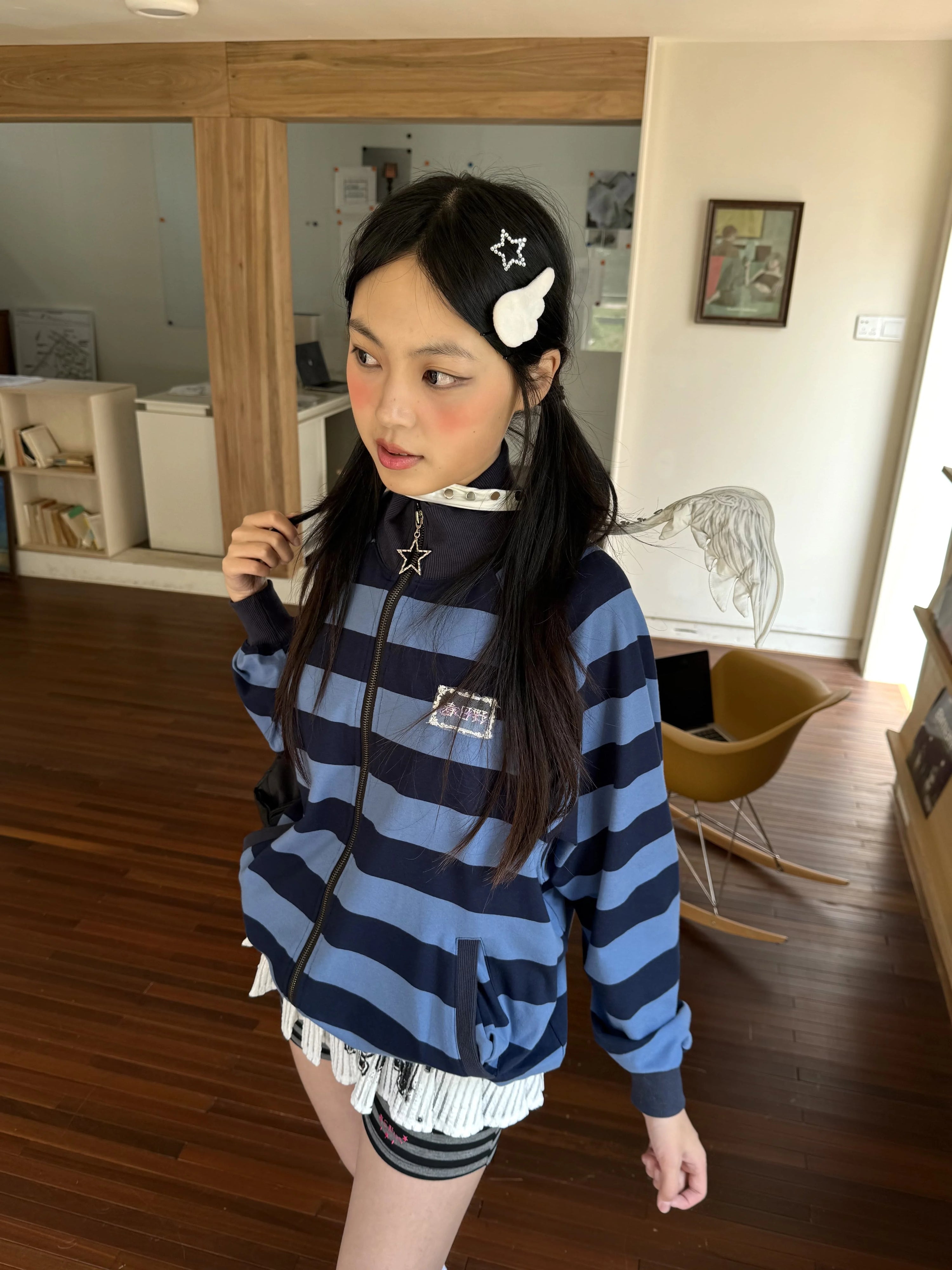 Striped Oversize Stand Collar Zipper Jacket