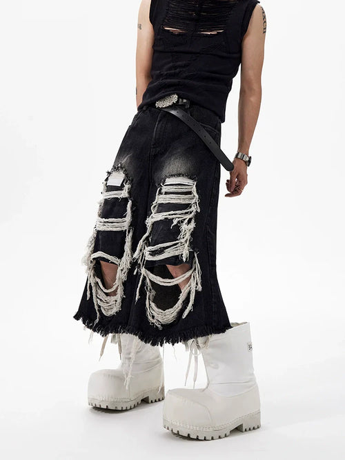 Short en jean noir délavé, effet abîmé et rapiécé - Noir / S