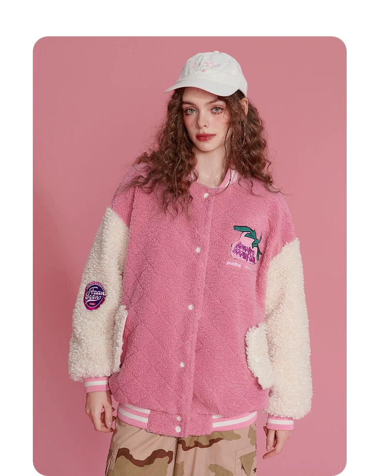 Colorblock Embroidery Fleece-Lined Baseball Jacket