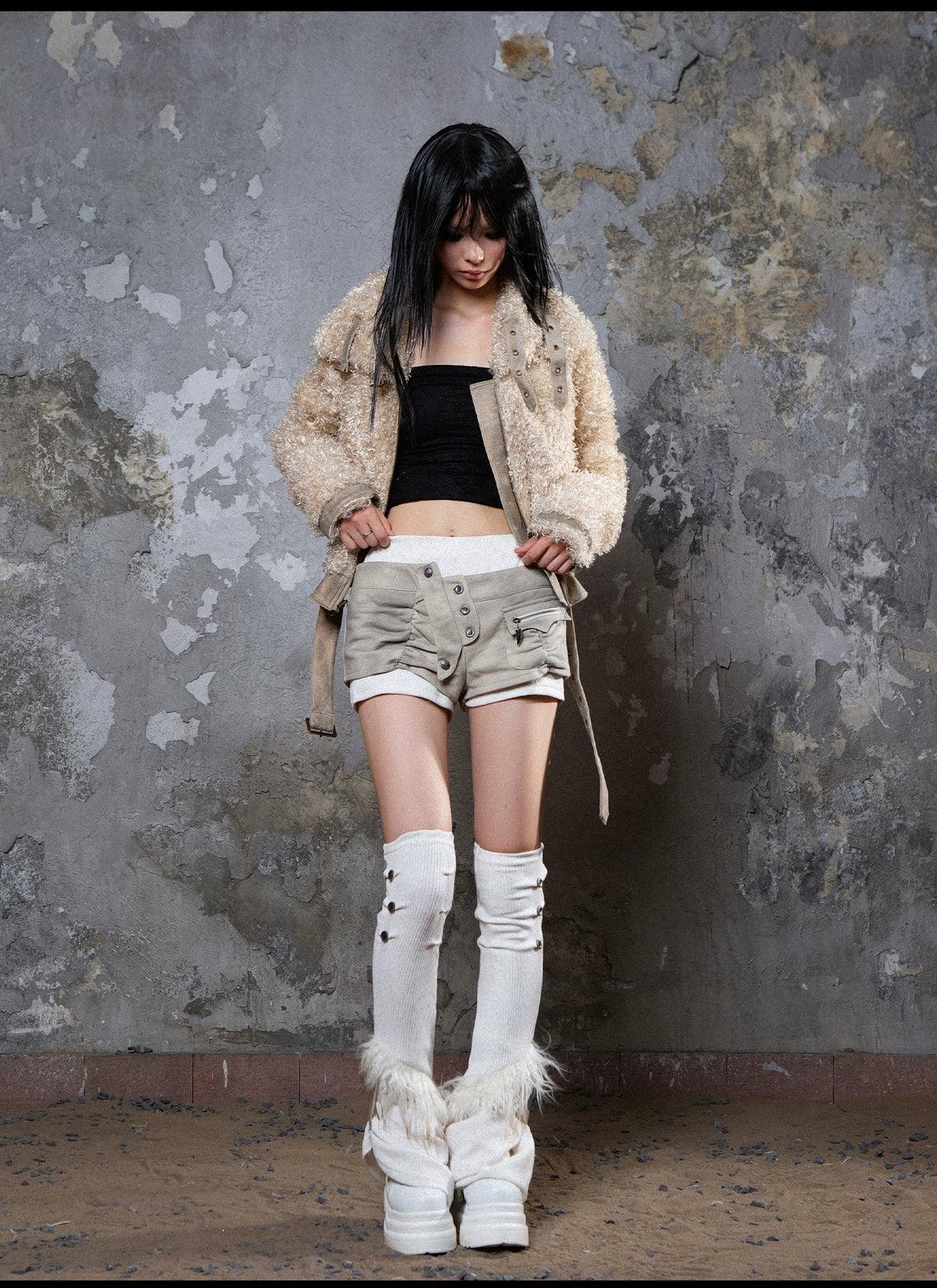 Shorts contrastants taille basse effet superposé et jambières en maille