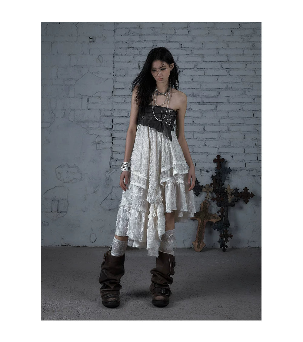 Asymmetric Lace Layered Belt Detail Skirt