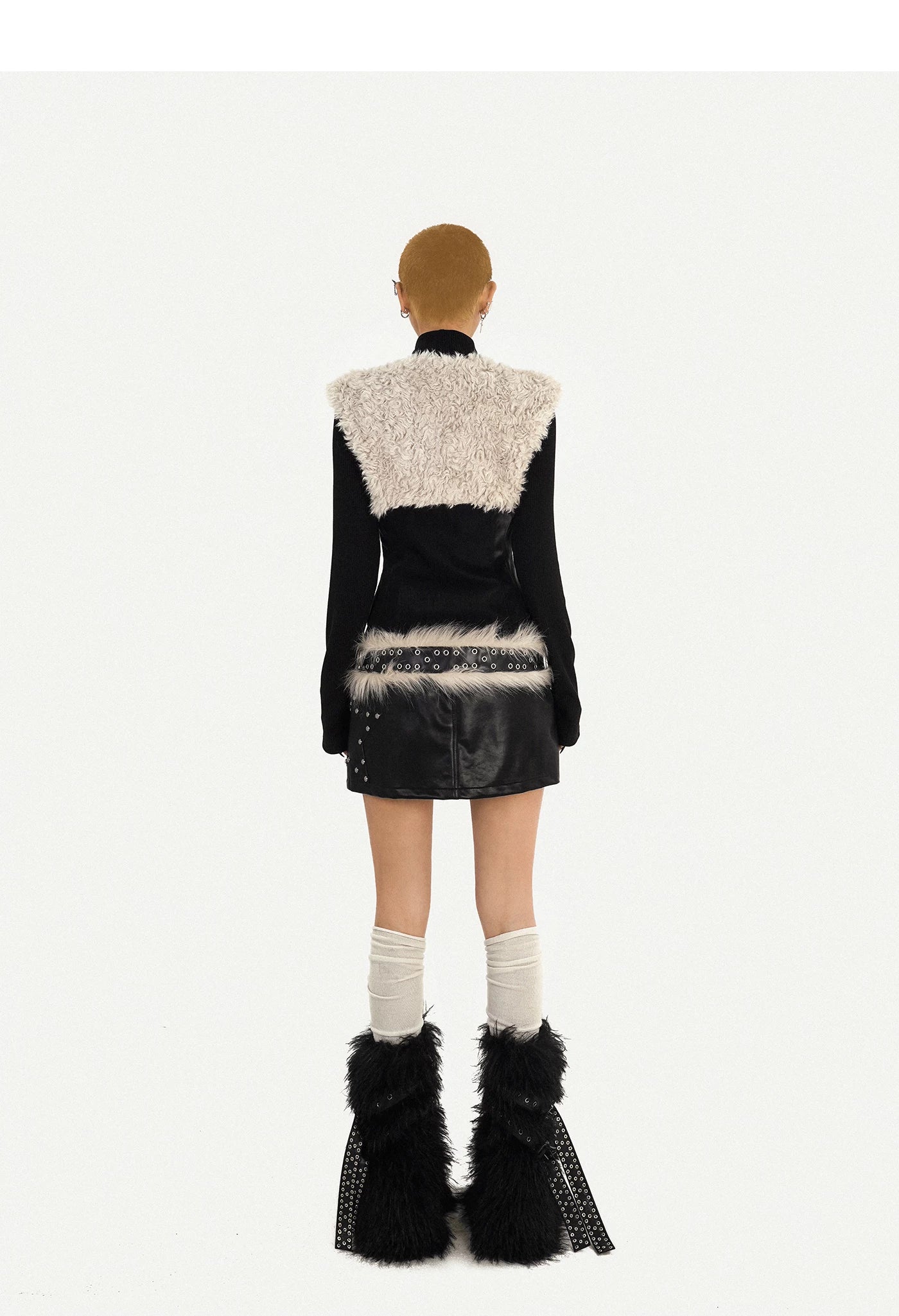 Fake Fur Patchwork V-Neck Slim PU Leather Vest & Ribbed High-Neck Knit Sweater