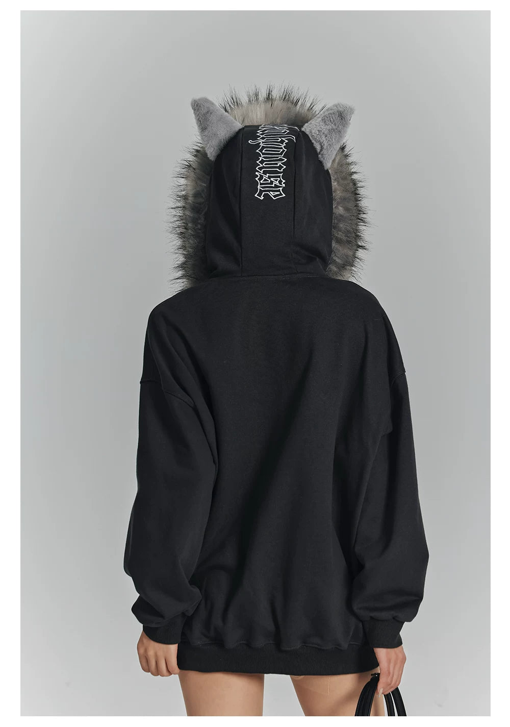 Spider Web Print Fur Collar Cat Ear Oversize Zipper Hoodie