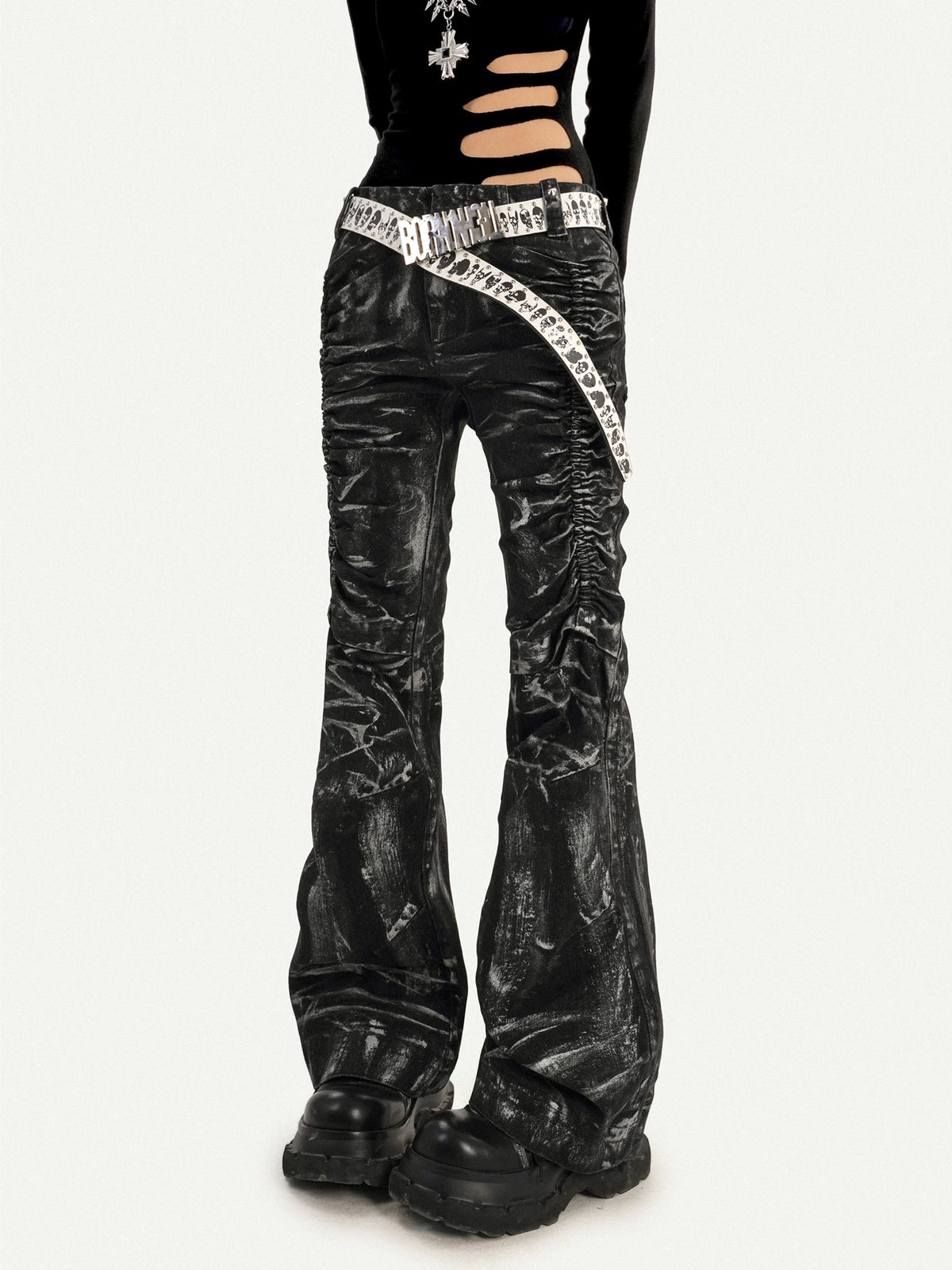 Lightning Print Deconstructed Pleats Flare Denim Jeans