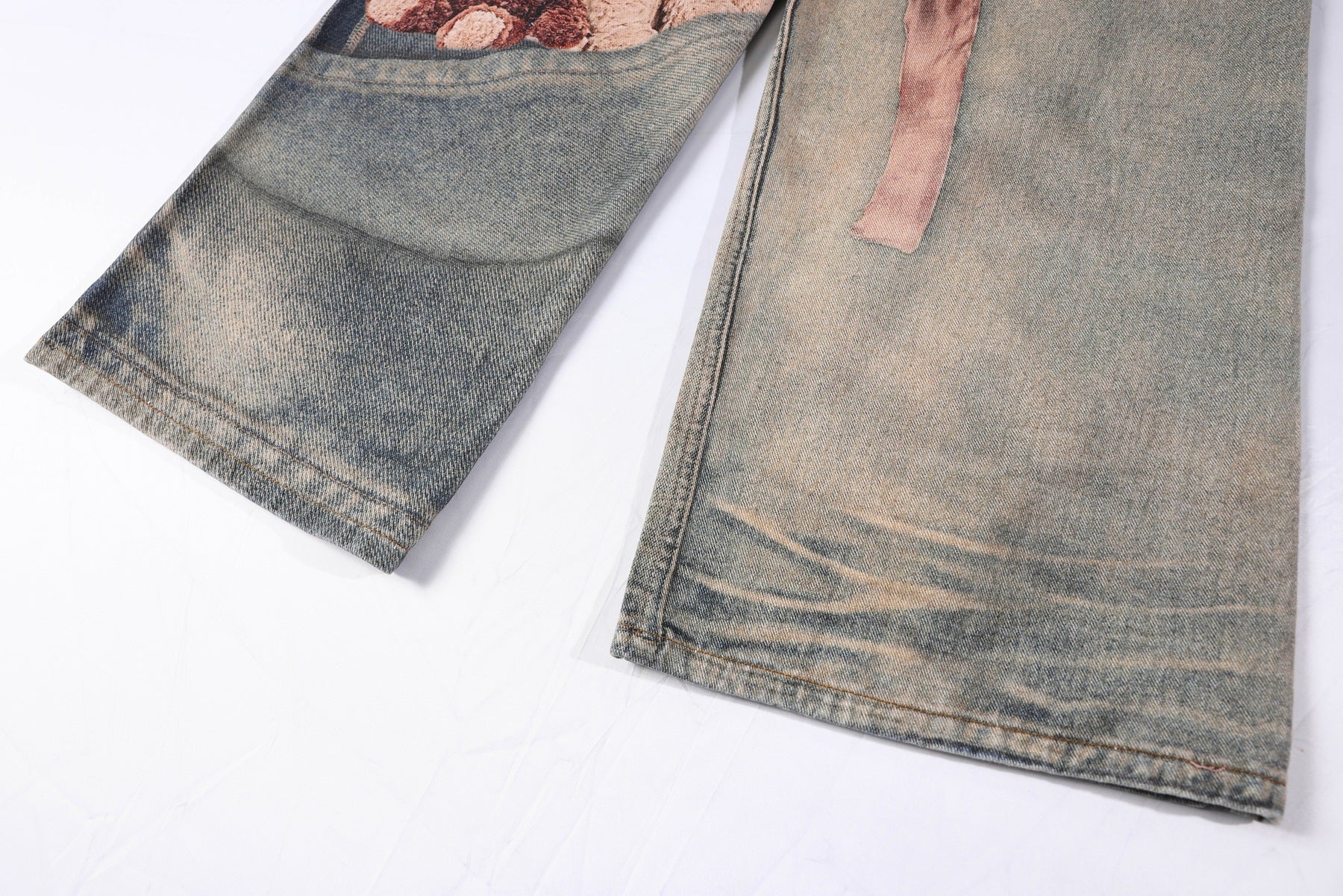 Washed 3D Graphic Print Wide Leg Denim Jeans