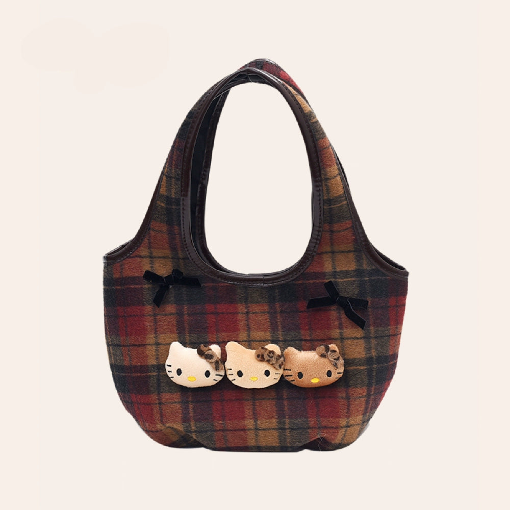 Vintage Karo Tragetasche mit Hello Kitty Trio - Soft Girl Ästhetische Handtasche