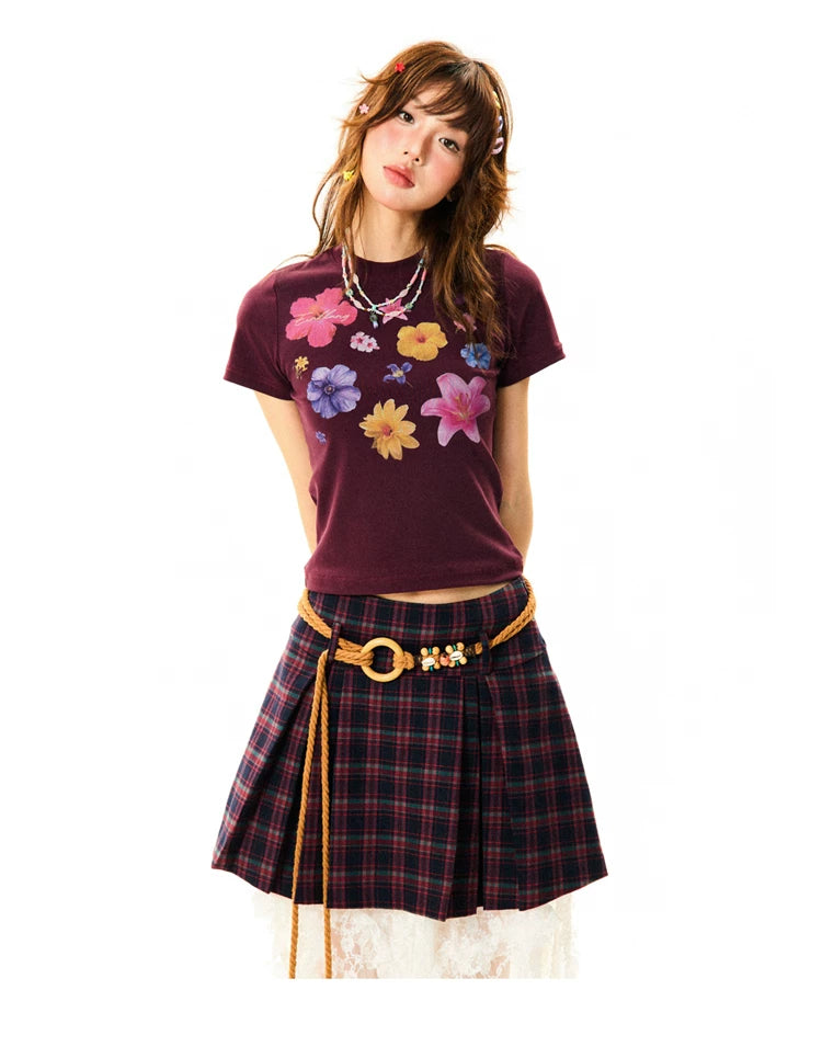 Flower Print Cropped Short Sleeve T-Shirt