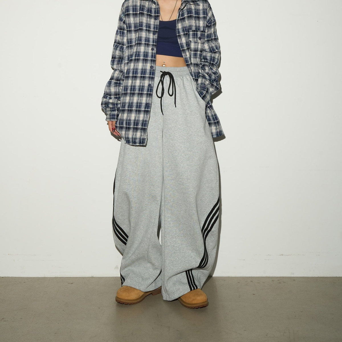Three-Stripe Curved Wide Leg Sweat Pants