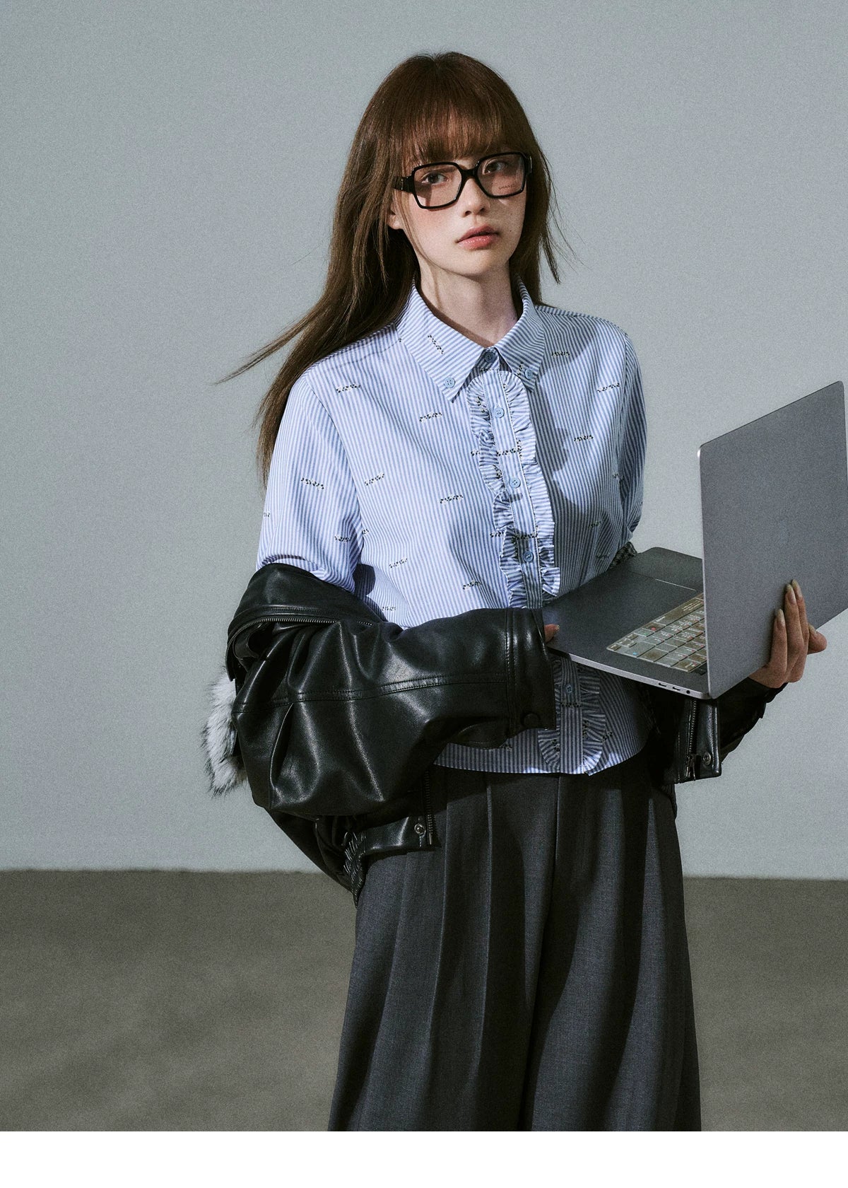 Ruffle Placket Striped Button-Up Long Sleeve Shirt