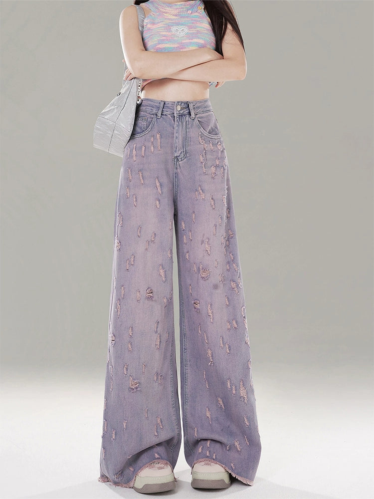 Jean large à déchirures violettes