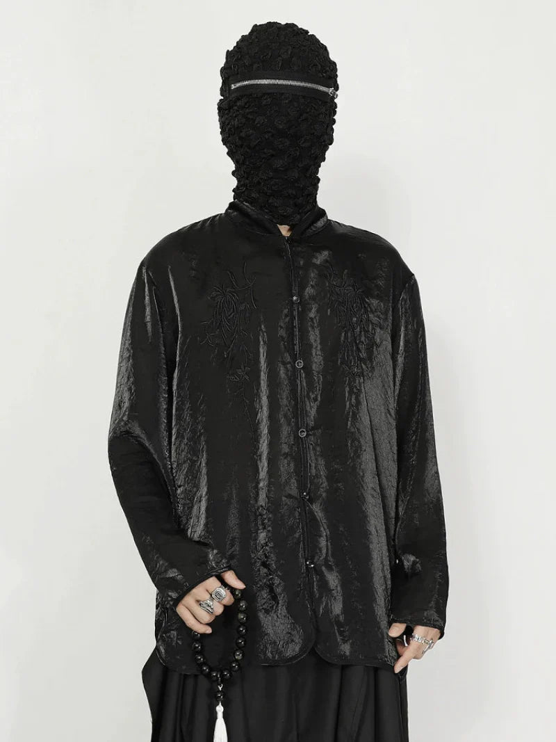 Organza Floral Embroidery Standing-Collar Long Sleeve Shirt