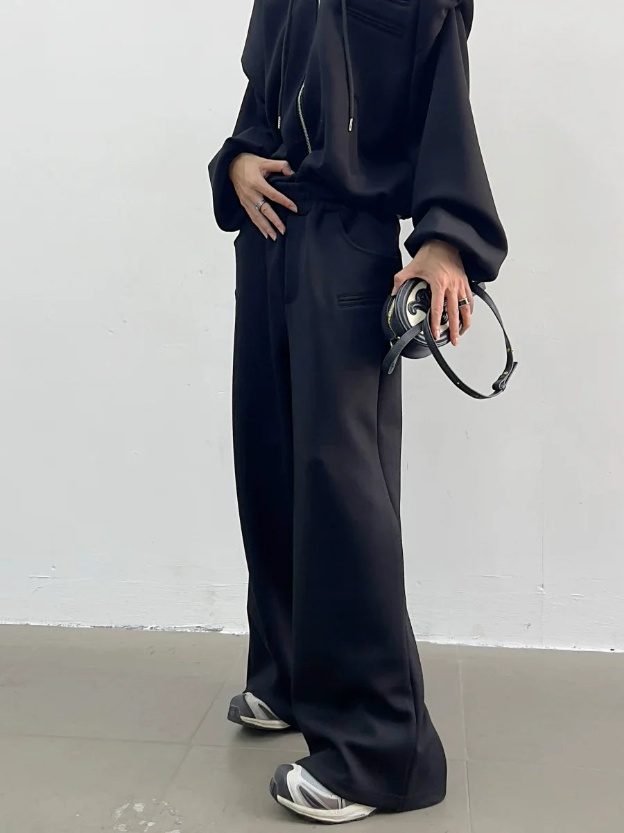Shoulder Pad Short Zipper Hoodie & Wide Leg Sweatpants Setup
