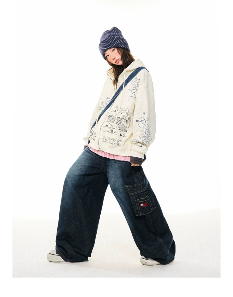 Graphic Print Oversize Zipper Hoodie
