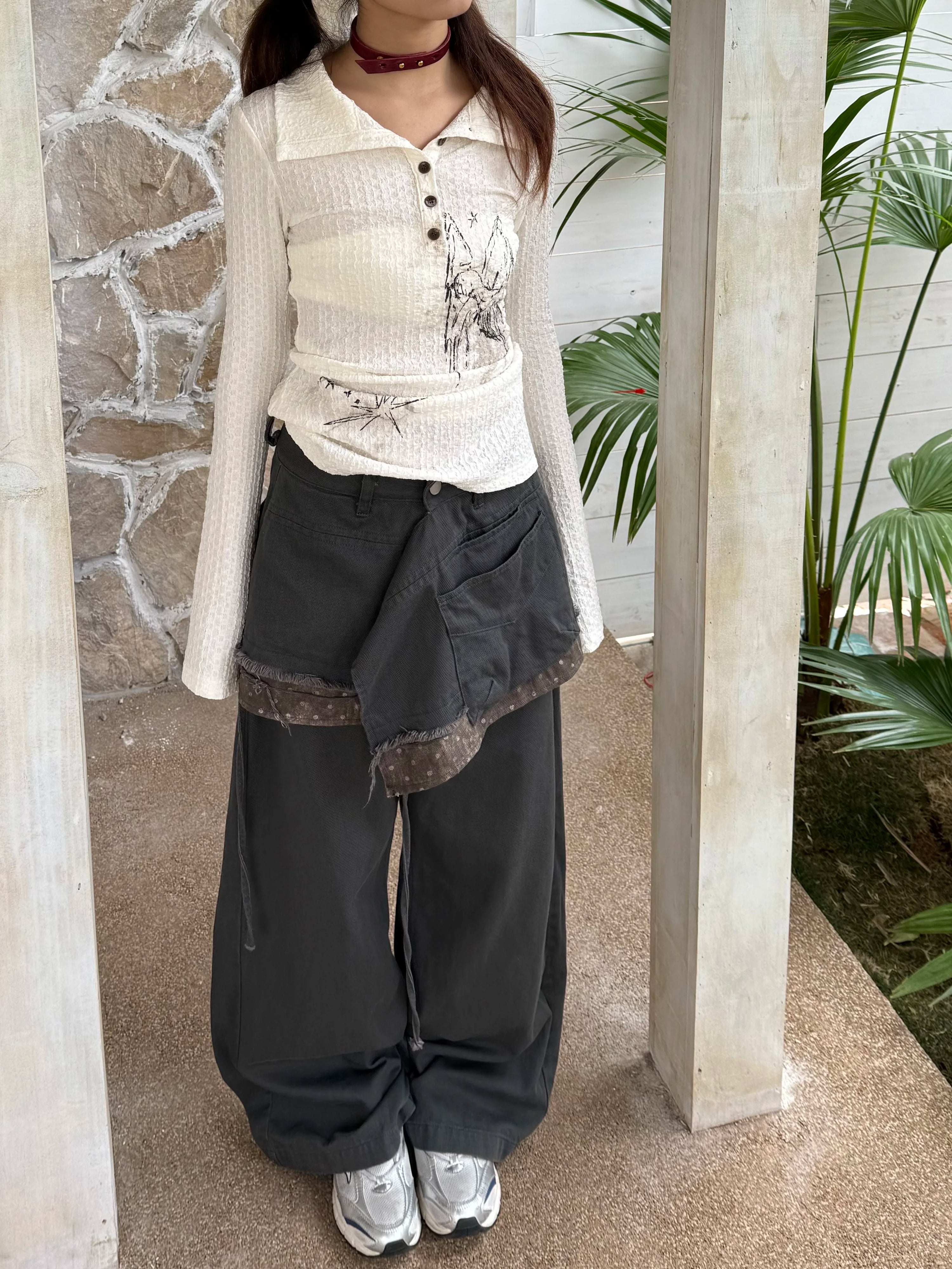 Deconstructed Patchwork Polka Dot Low Waist Wide Leg Denim Jeans