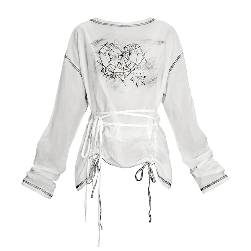 Hand-Drawn Rabbit Print Long Sleeve T-Shirt