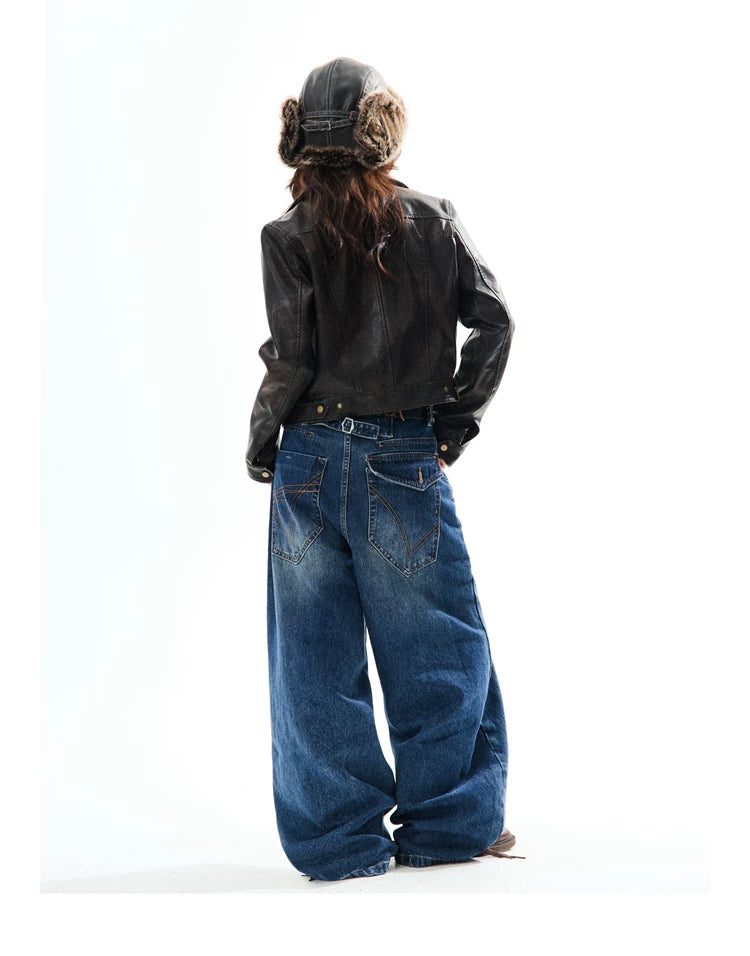 PU Leather Washed Zipper Short Length Jacket