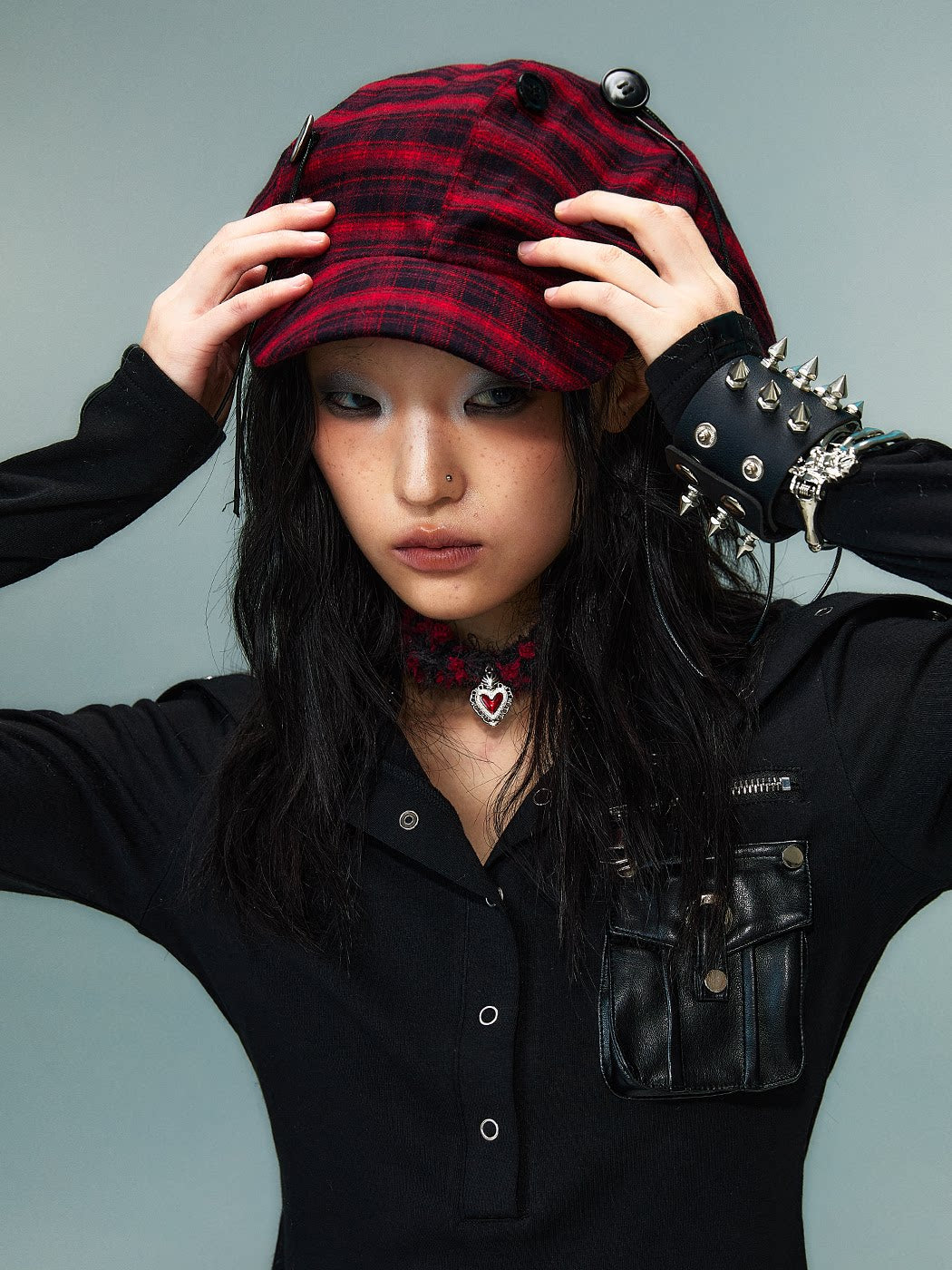 Handcrafted Button Strap Red Plaid Beret Hat