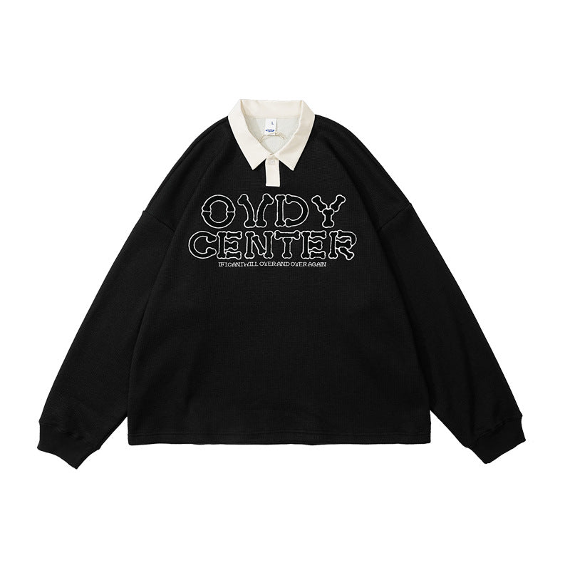 Contrast Waffle Fleece Polo Collar Sweatshirt