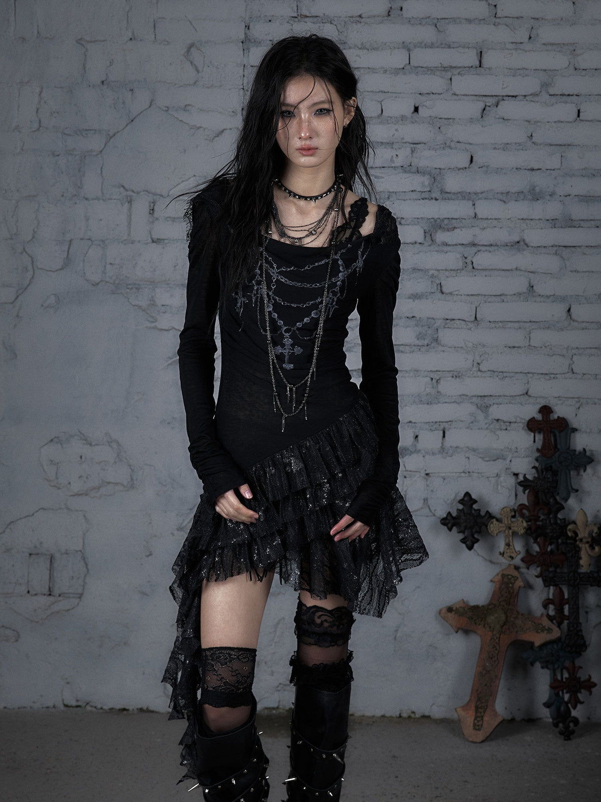 Lace Hooded Asymmetric Ruffle Dress