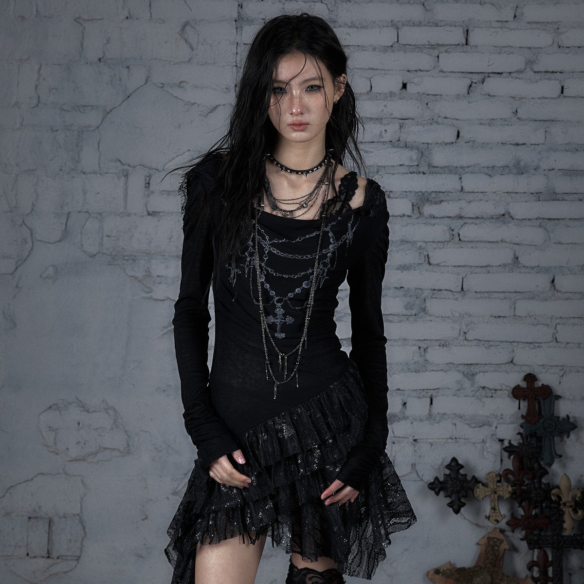 Lace Hooded Asymmetric Ruffle Dress
