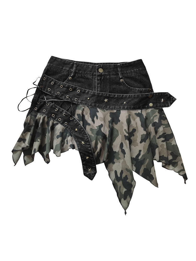 Original Design Damage Camouflage Lace-Up Short Denim Skirt