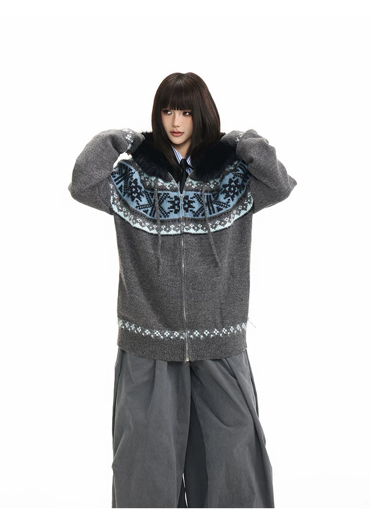 Fur Collar Fair Isle Hooded Knit Cardigan