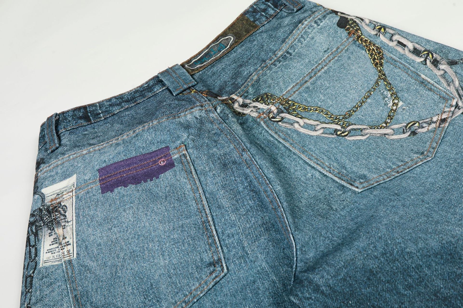Washed 3D Print Curved Wide Leg Denim Jeans