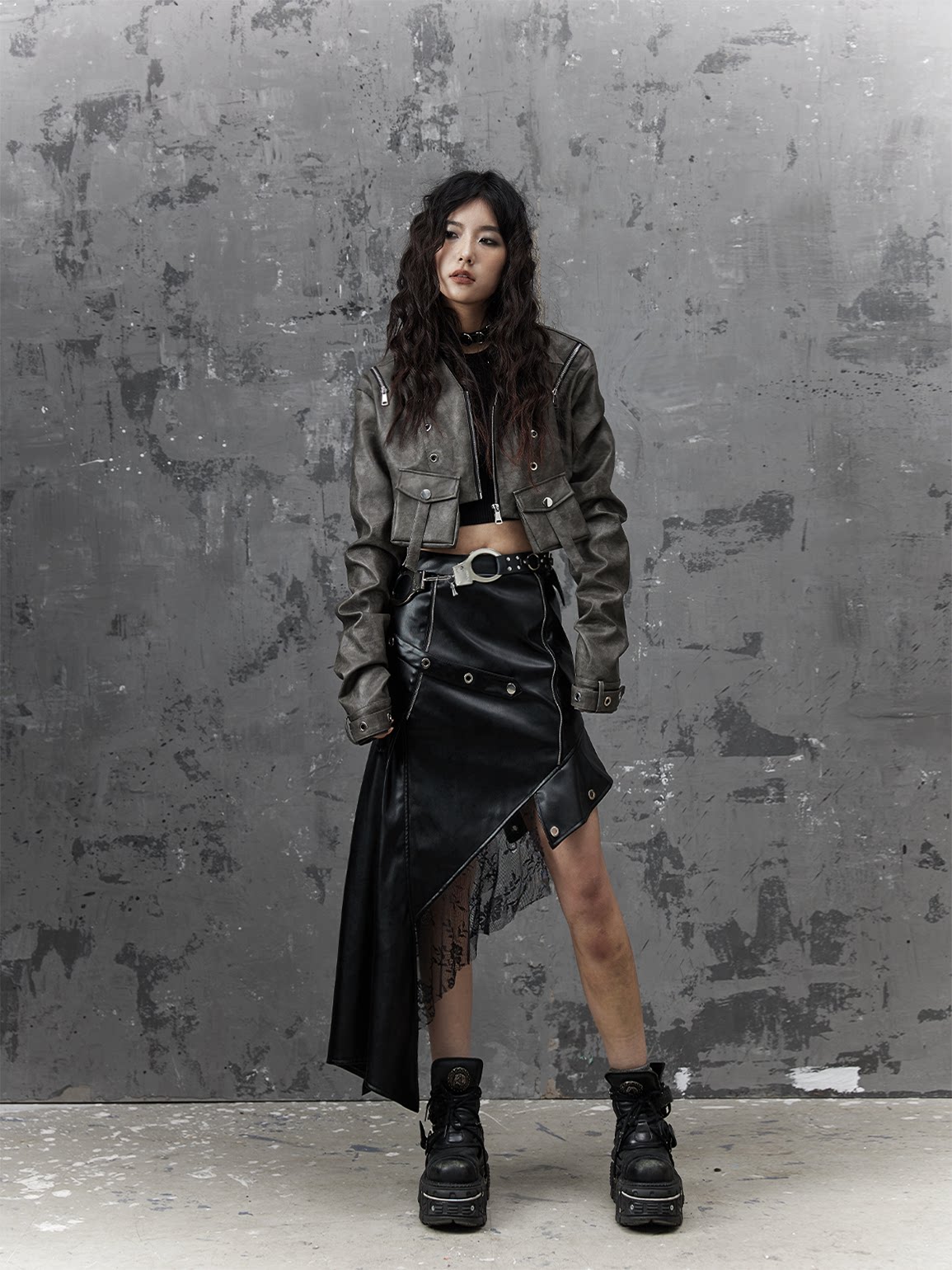 Asymmetric PU Leather Mesh Patchwork Skirt