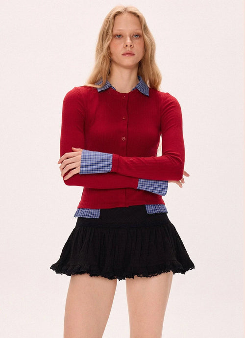 Camisa de tricô estilo polo em patchwork bicolor - Vermelho / S