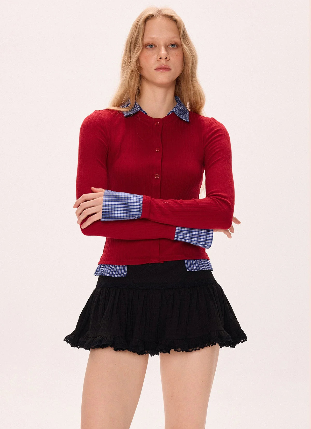 Two Tone Polo Neck Patchwork Knit Shirt