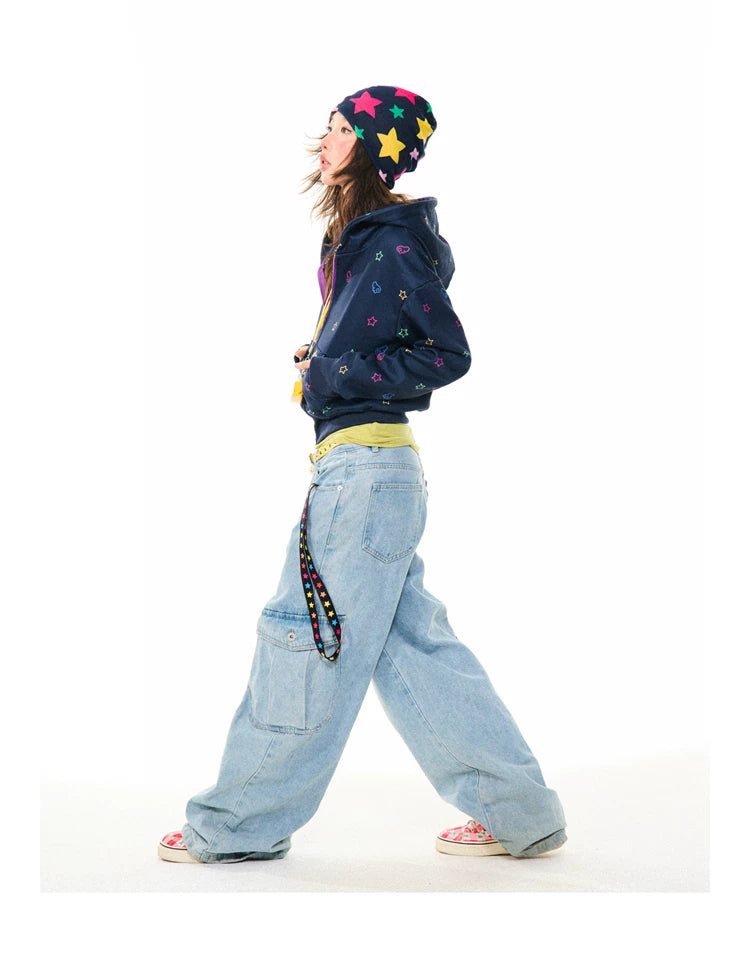 Star Print Fleece Zipper Hoodie