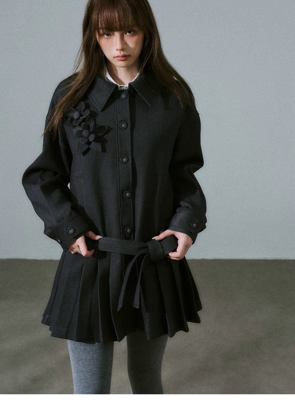 Flower Pleats Tencel Wool Trench Coat