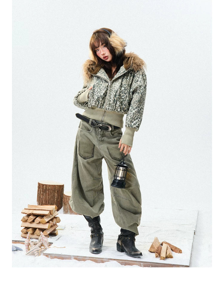 Leopard Print Fur-Trim Hood Puffer Jacket