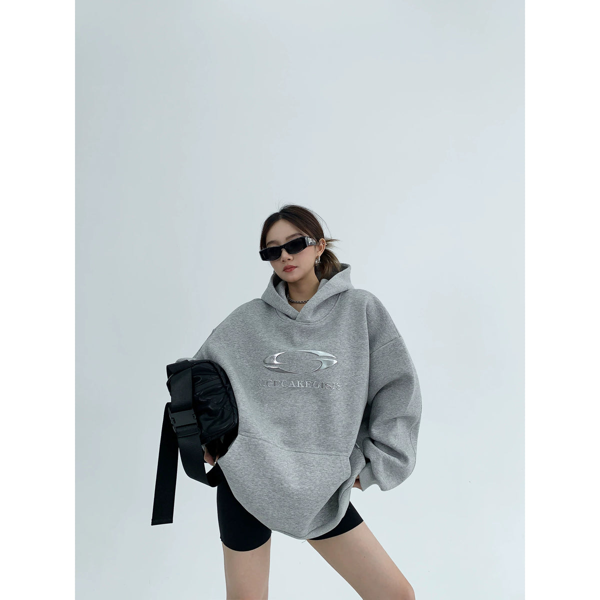 Silver Logo Print Oversized Hoodie