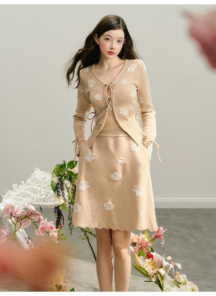 Rose Design Knit Cardigan & Knit Short Skirt Setup