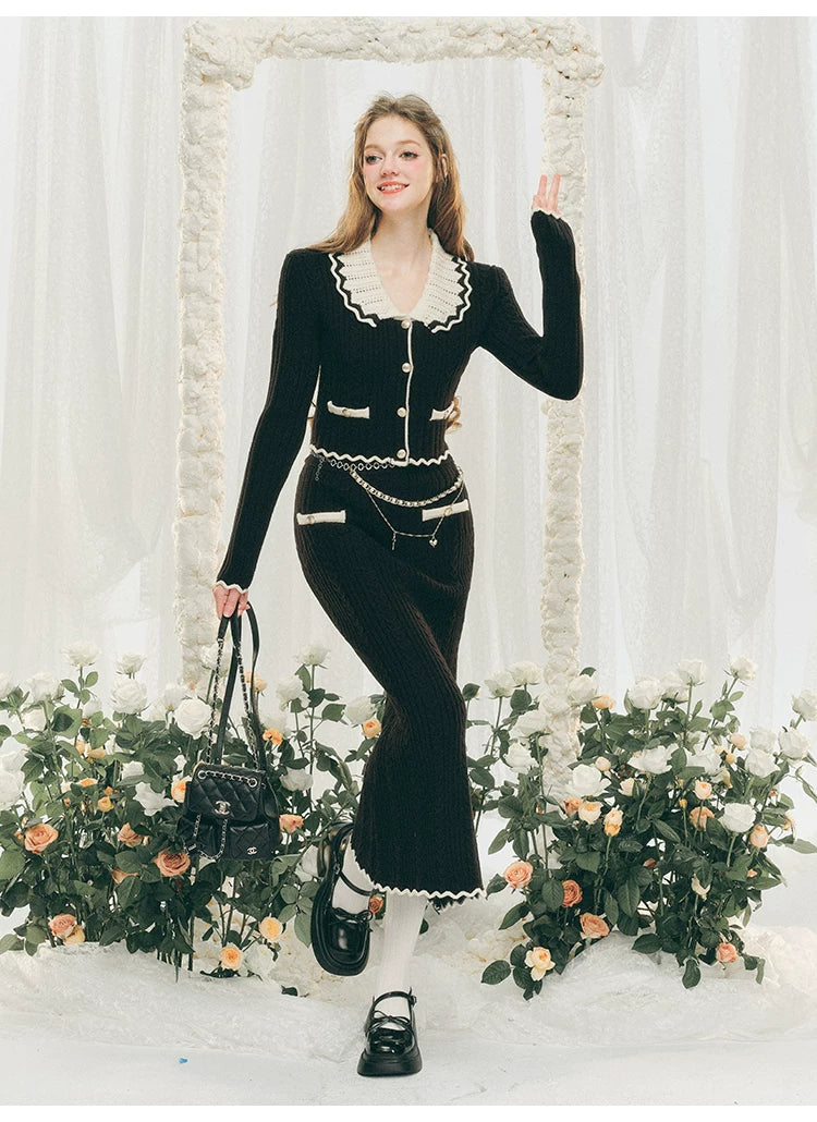 Ensemble cardigan en tricot à grand col et jupe moulante