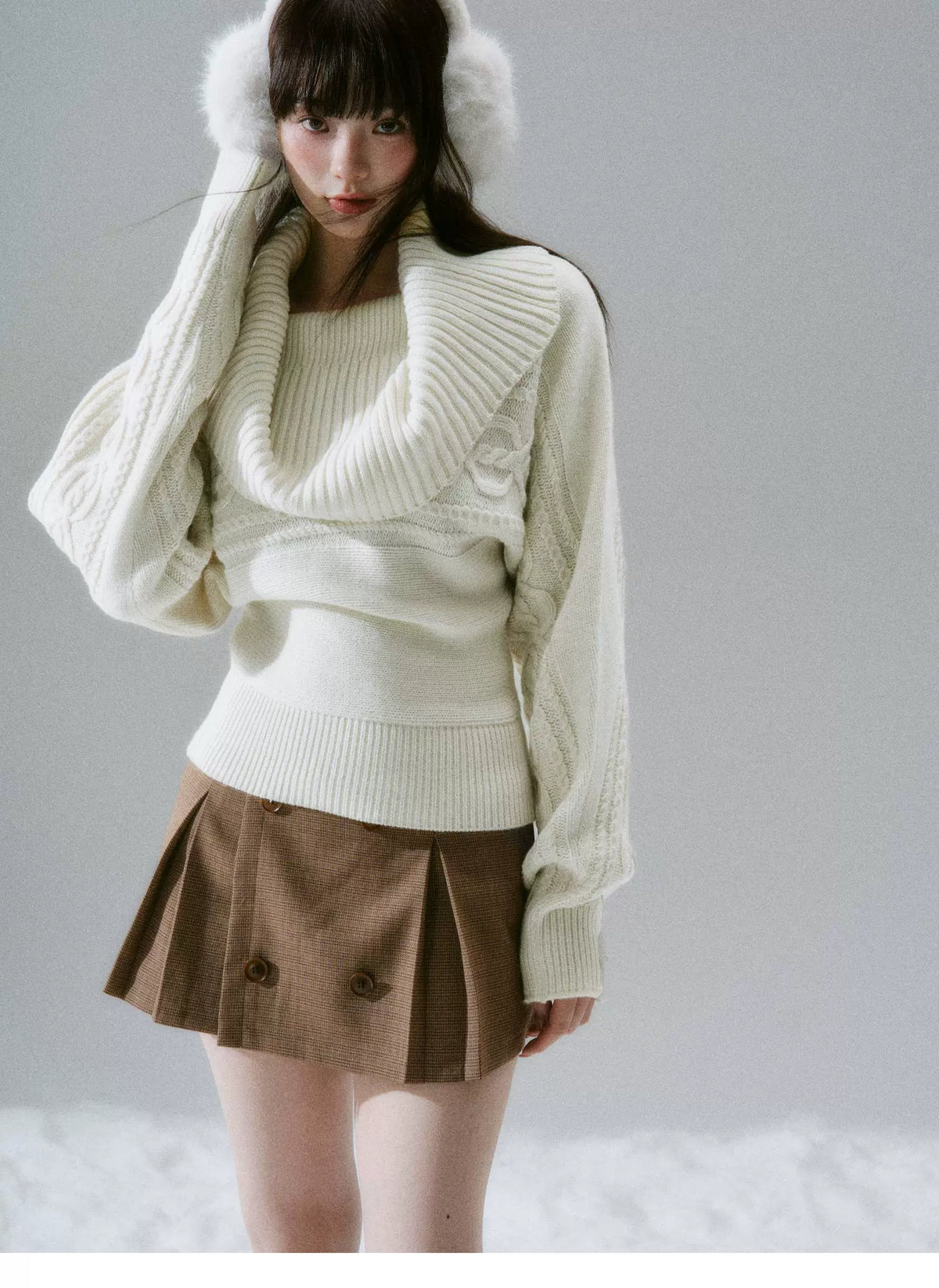 Ribbed Cowl Neck Cable Sleeve Knit Sweater