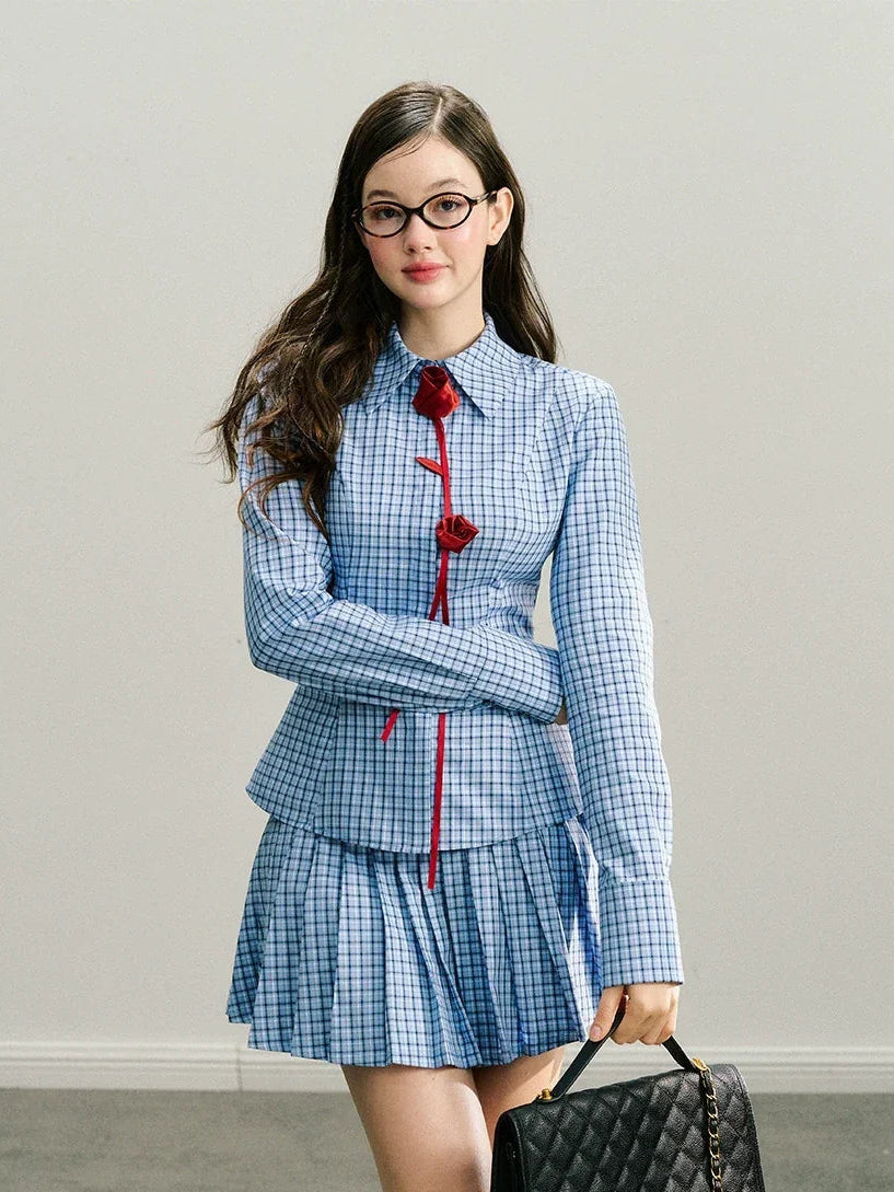 Handmade Rose Plaid Long Sleeve Shirt & Short Pleated Skirt Setup