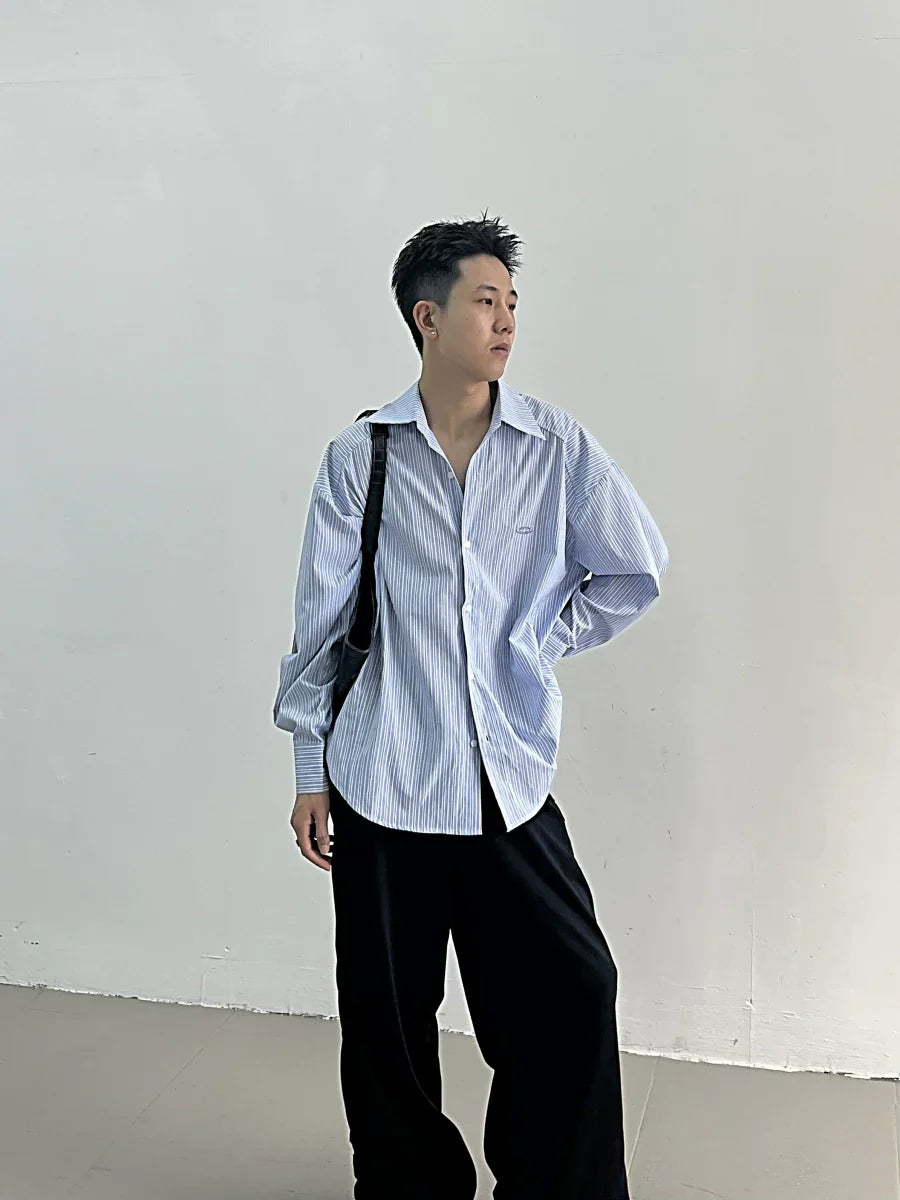 Striped Embroidery Oversize Long Sleeve Shirt